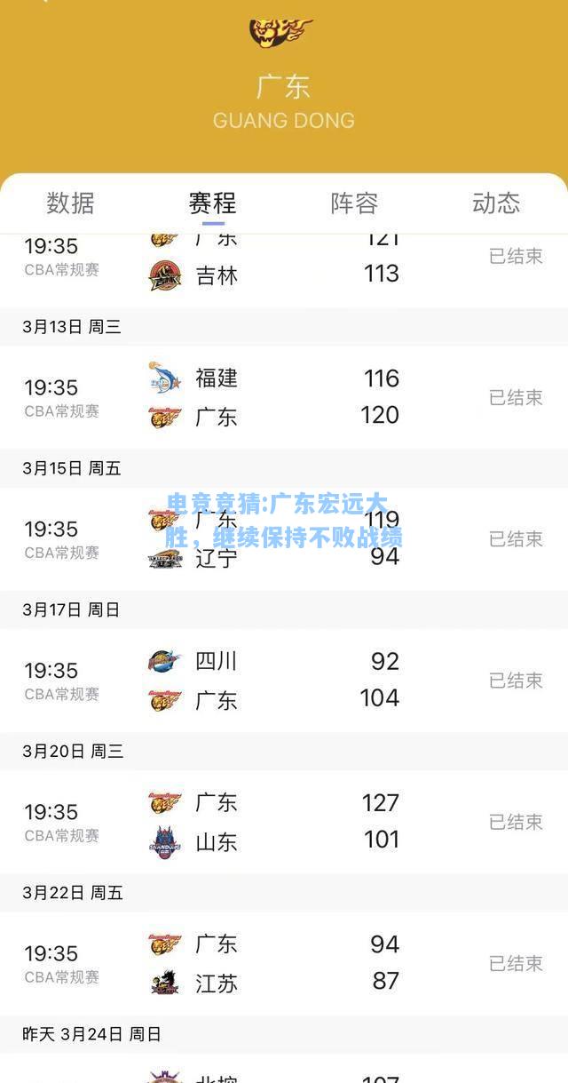 电竞竞猜:广东宏远大胜，继续保持不败战绩
